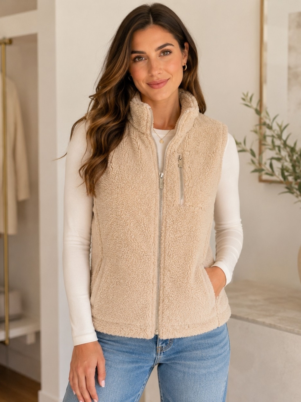 Calvin Klein Cream Sherpa Zip-Up Vest NWOT